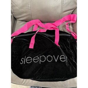 Black Velour Duffle Bag Rhinestone Sleepover Pink Straps‎ BSG Logo